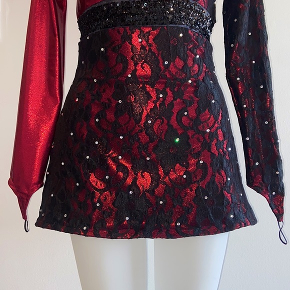 Romantic Gothic Black Lace & Diamond Detailed Deep Red Bodysuit Dress - Picture 5 of 12